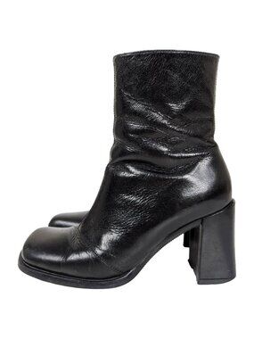 90s Aldo Patent Leather Chunky Heeled Boots Size 5.5 Black Square Toe